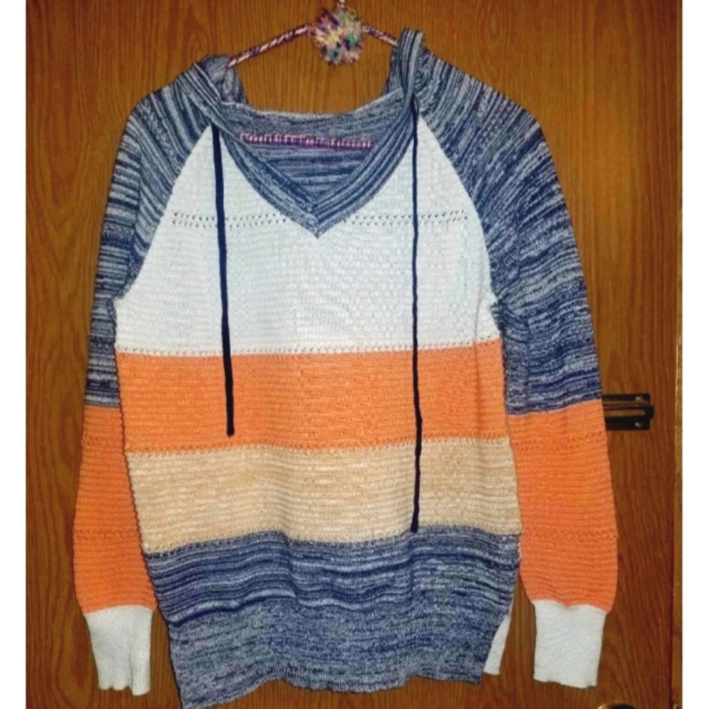V-neck Patchwork Hooded Sweater SZ Small